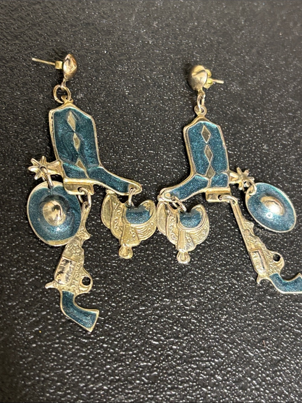 VTG Equestrian Boots Blue Cowboy Charm Dangle Earrings Cowgirl Western Gun